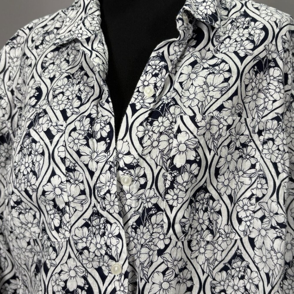 Charter Club: Floral Button Up Long Sleeve Linen Top Navy Blue print